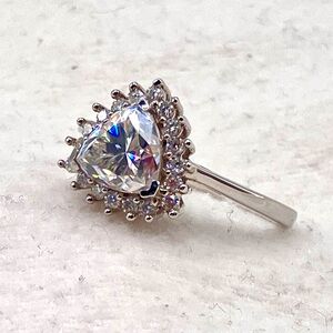 Trillion Cut Moissanite Halo Ring in Platinum Over Sterling Silver